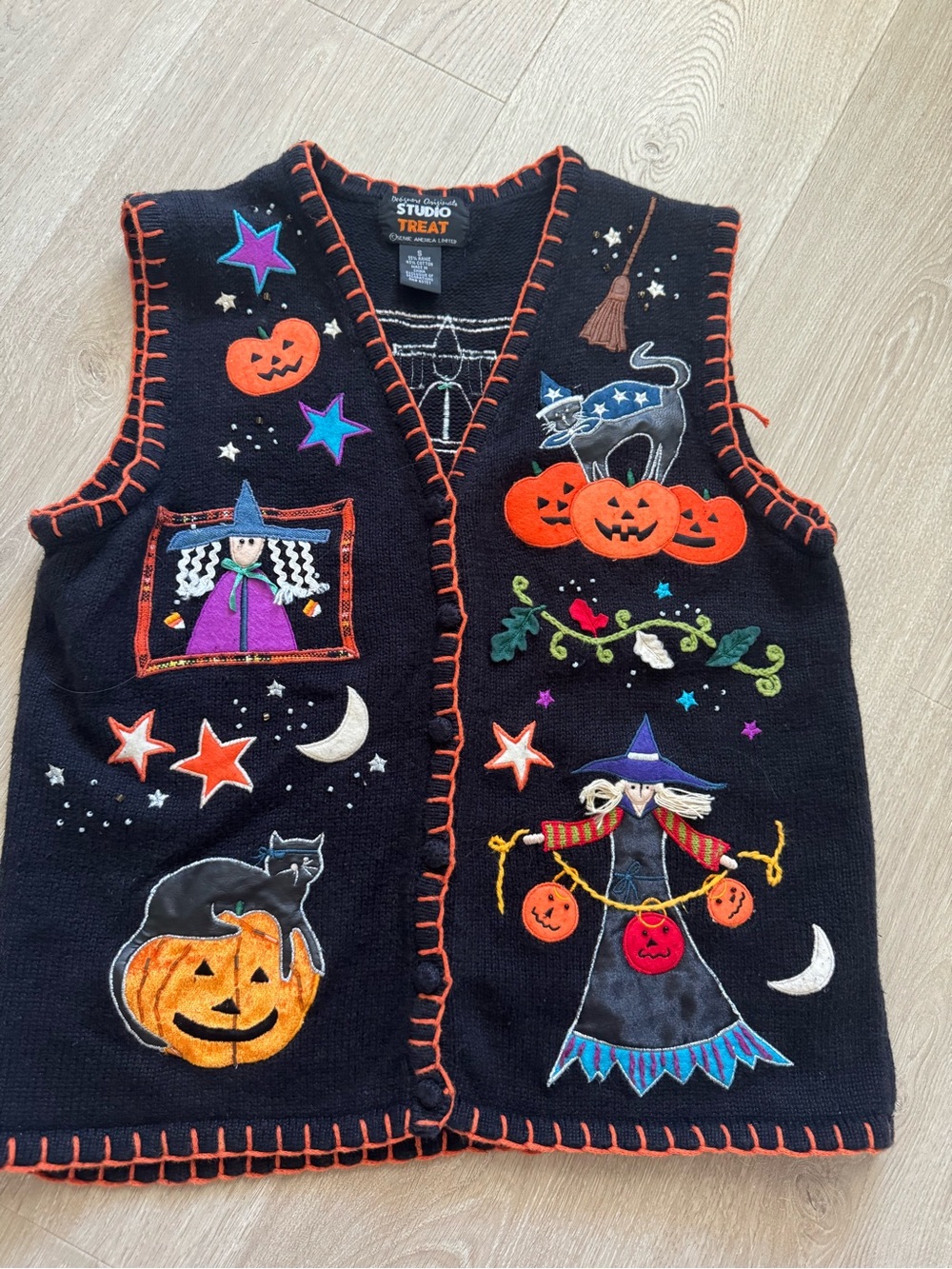 Vintage 90s Studio Treat Halloween Witch Pumpkin Black Cat Sweater Vest Size S